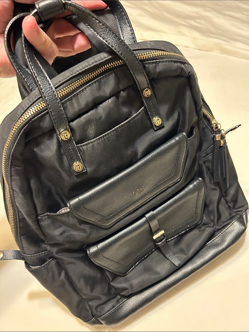 Tutilo Black Leather-Trim Nylon Backpack with Gold Hardware